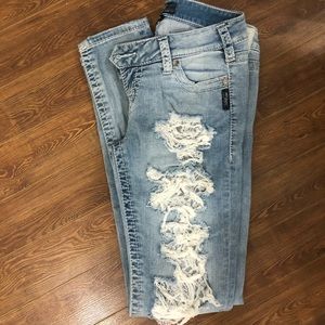 Ripped Skinny Silver Jeans with Lace